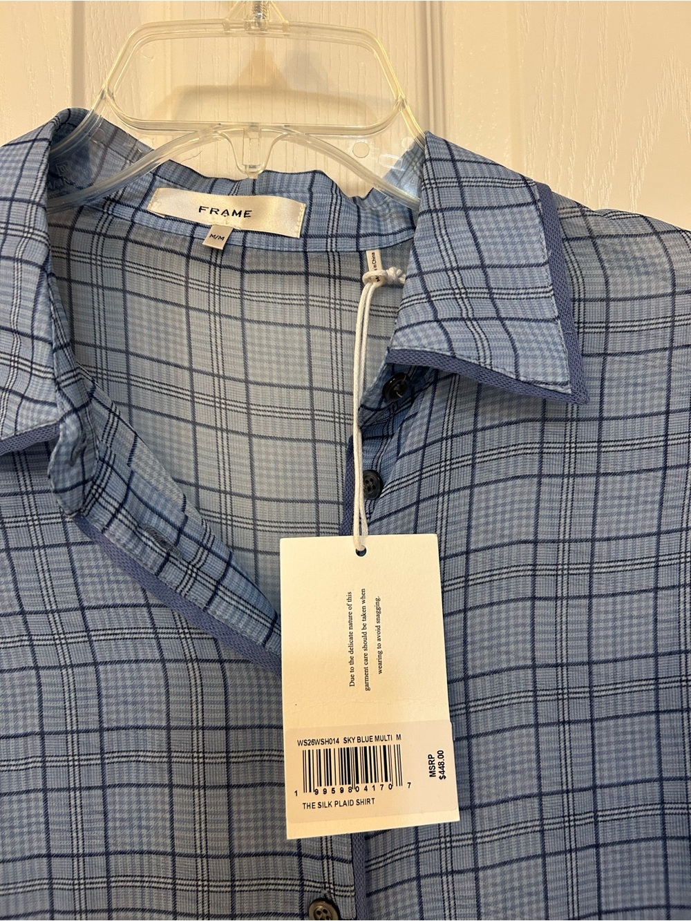 FRAME The Silk Plaid Shirt in Sky Blue Multi Size M - Picture 7 of 8